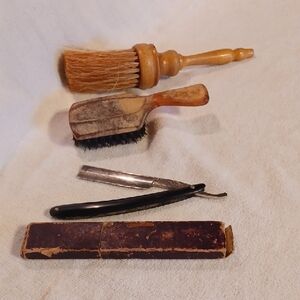 Vintage Barber Set with Black Handle Stright Razor And Brushes